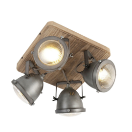 Qazqa plafondspot  Smart, 4-lichts staal met hout incl. 4 wifi GU10