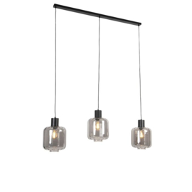 Qazqa hanglamp Qara, 3-lichts smoke glas met balk