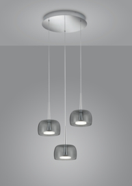 Helestra  hanglamp Flute led, 3-lichts rond nikkel met grijs rook glas