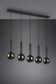 Trio lighting hanglamp Clayton, 5-lichts zwart met rookglas