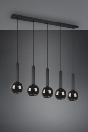 Hanglamp Clayton, 5-lichts zwart met rookglas