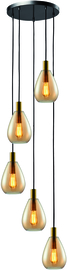 Freelight hanglamp Dorato,  5-lichts zwart-goud met amber glas rond