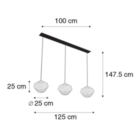 Qazqa hanglamp Vadi, 3-lichts zwart met messing