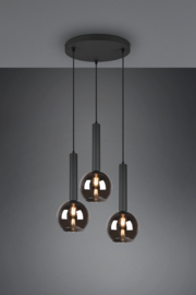 Hanglamp Clayton, 3-lichts zwart met rookglas