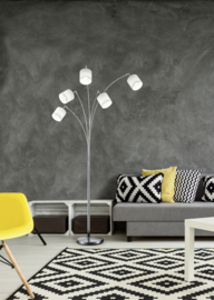 Trio lighting vloerlamp Tommy, 5-lichts boog mat nikkel met witte kappen