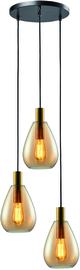 Freelight hanglamp Dorato,  3-lichts zwart-goud met amber glas rond