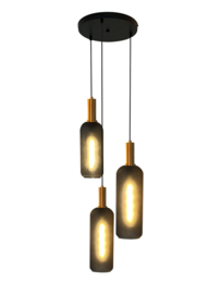 Light trend hanglamp Bottle, 3-lichts rond zwart met smoke glas