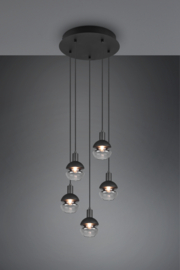 Trio lighting hanglamp Mela, 5-lichts zwart met glas