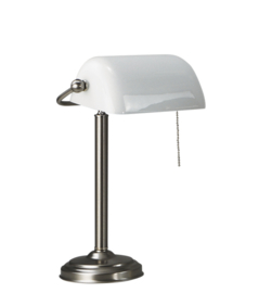 Old timer light  tafellamp Bankierslamp, mat nikkel met wit glas