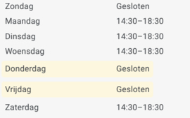 Openingstijden tm januari   2025 kunnen afwijken......