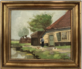 Schilderij boerderij met kippen