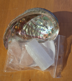 Set - Abalone schelp met Rozekwarts & Seleniet