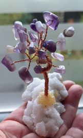 Amethyst boompje op bergkristal voet