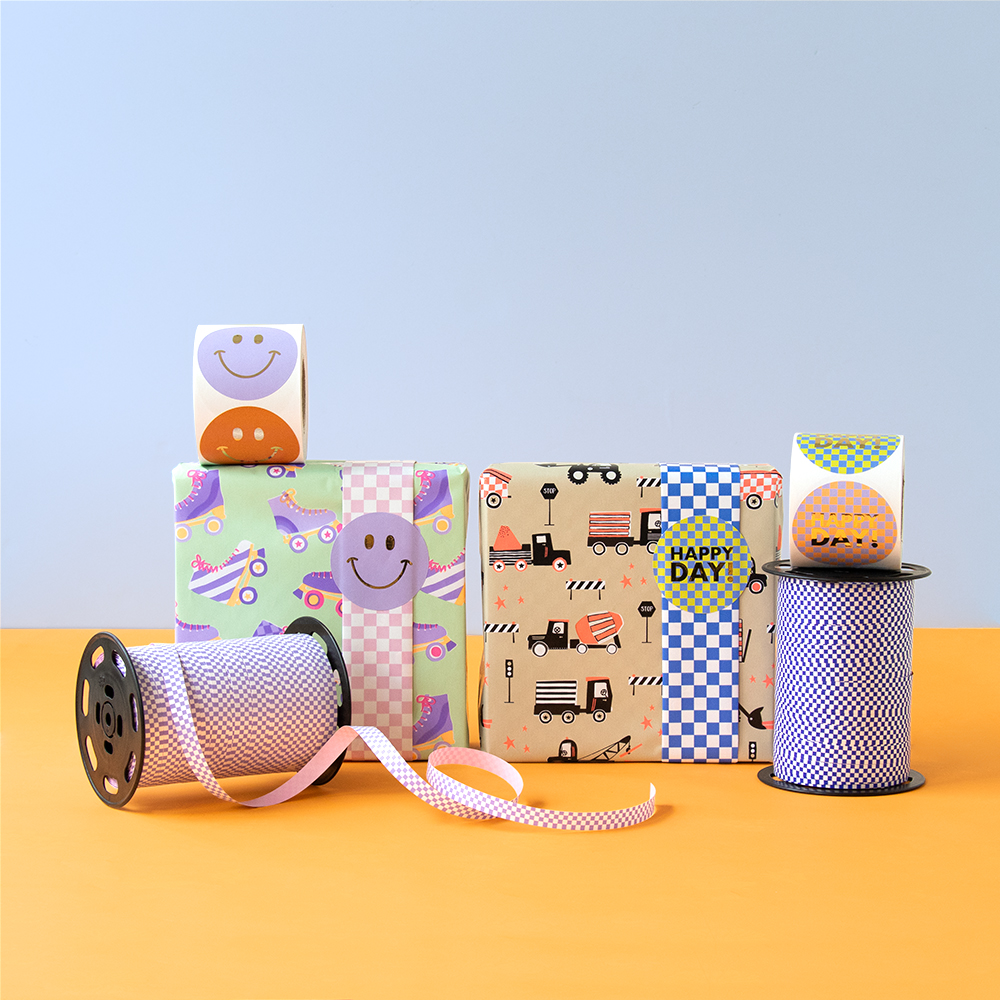 Inpakpapier | Traffic Nude/Fluor Orange - Check Blue