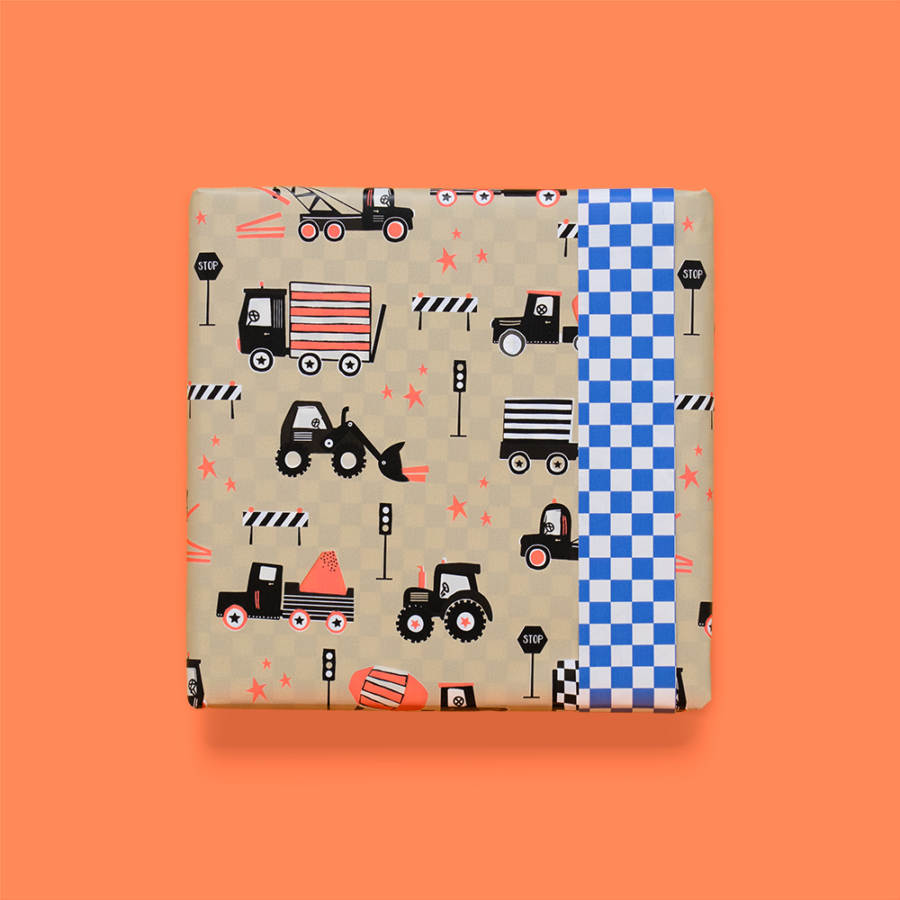 Inpakpapier | Traffic Nude/Fluor Orange - Check Blue