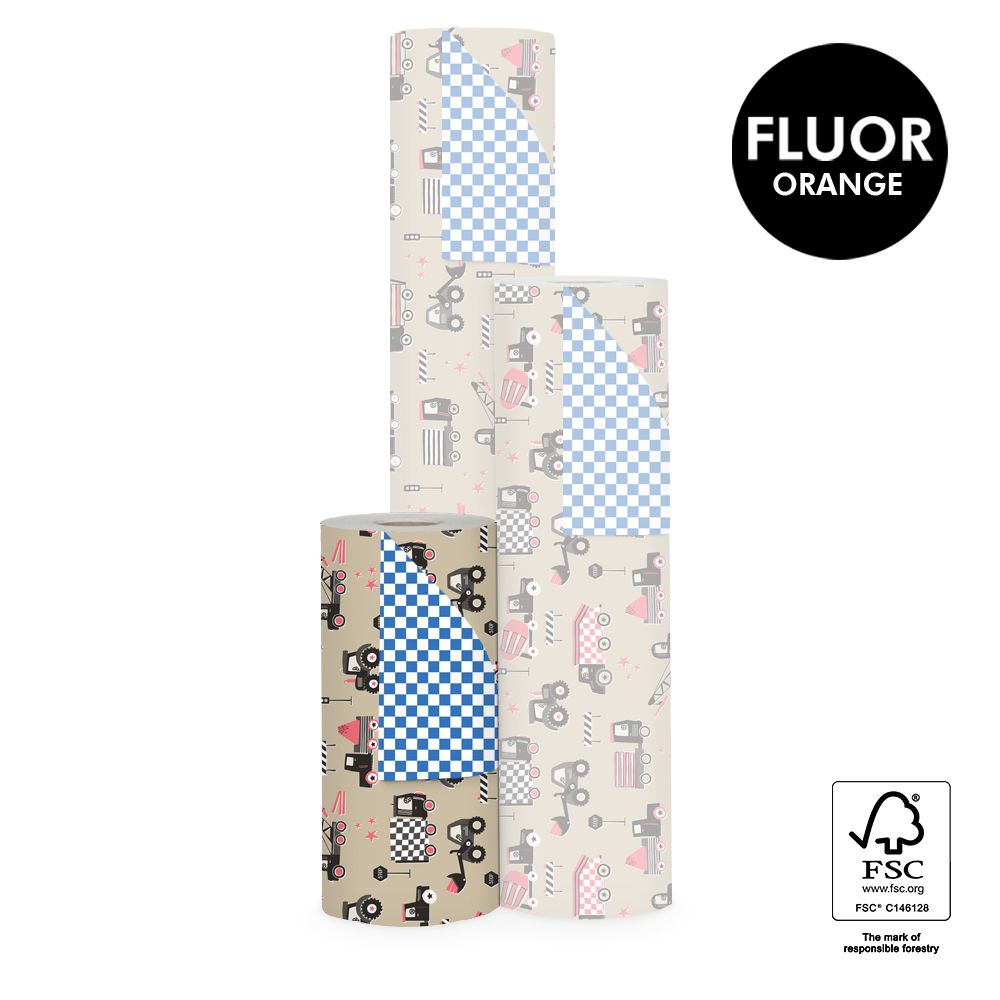 Inpakpapier | Traffic Nude/Fluor Orange - Check Blue
