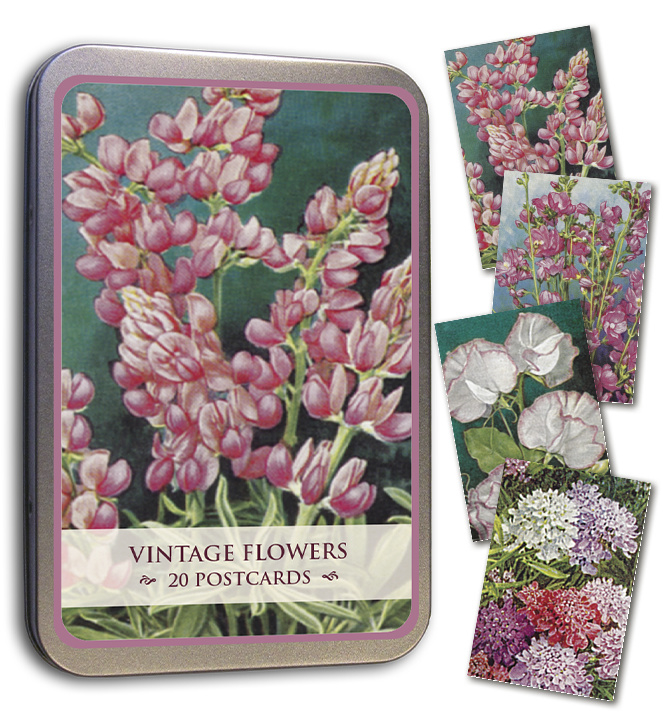Blik met 20 kaarten (10 x 15 cm) 'vintage bloemen'