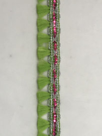 franje 20 mm    lime met zilver en fuchsia  € 1,50 per meter