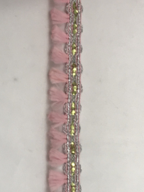 franje 20 mm    licht roze met zilver   € 1,50 per meter