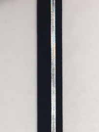 Elastisch  tresband donker blauw    met streep zilver  20 mm