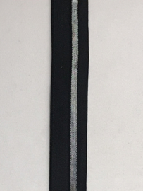 Elastisch  tresband zwart   met streep zilver  20 mm