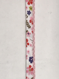 biaisband met roze    kantje  met bloemen paars en roze  €1,75 per meter