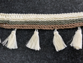 Kwastjesband 7 cm        ecru /legergroen/taupe