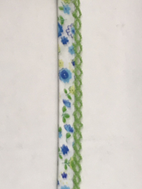biaisband  met lime  kantje  met bloemetje  turquois  €1,75 per meter