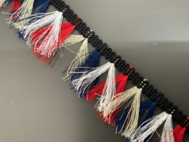 Franje  multi Color zwart met donker blauw ,  ,beige,,rood, wit cm lang    € 2,50 per meter