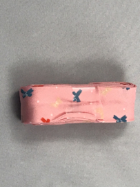 Biais band licht roze  met vlinder blauw /rood
