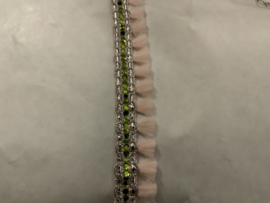 franje 20 mm    licht roze met zilver , groen € 1,50 per meter