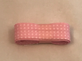 Biais band katoen bedrukt licht roze  met kleine witte stipjes