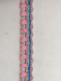 franje 20 mm    licht roze met zilver en turquois   € 1,50 per meter