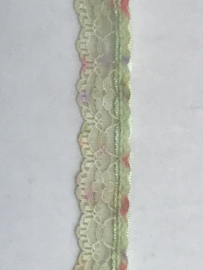 Groen satijn met nylon bloem kantje  22 mm    € 3,50 per meter