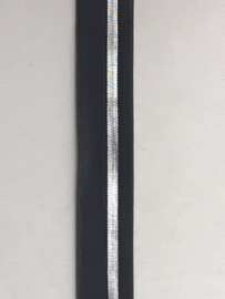 Elastisch  tresband donker grijs  met streep zilver  20 mm