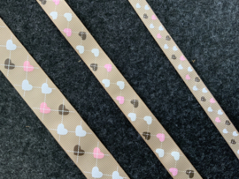 Beige  bandje met hartjes bruin/wit /roze hartjes