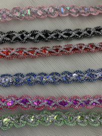 2 kleurig paillettenband   € 1,50 per meter diverse kleuren
