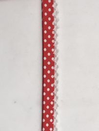 biaisband met  kantje   rood met  witte stippen  €1,75 per meter