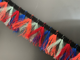 Franje  multi Color zwart met rood, kobalt,groen,koraal    cm lang    € 2,50 per meter