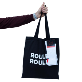 Tote bag 'roulez roulez' + hoge witte fietssok 'Rouleur'