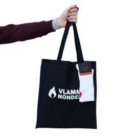 Tote bag 'vlammen nondedju' + hoge witte fietssok 'vlammen'