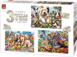 King Cute Animal Collection 3in1 Puzzel - Animal Friends, Puppies at the Fence, Kittens in the Garden - 3x1000 Stukjes