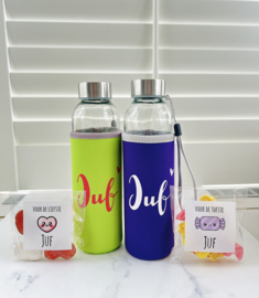 Waterfles Juf - Glas met sleeve