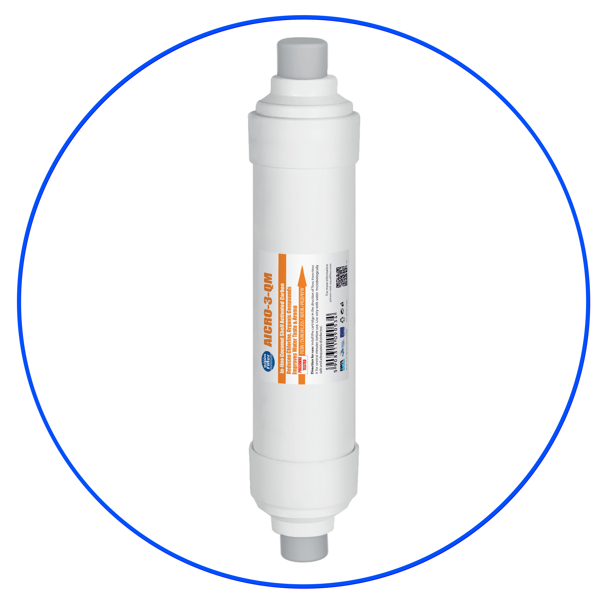 Aquafilter  AICRO-3-QM 2,5" x 12" in-line cartridge with coconut shell granulated activated carbon - 1/4" QM.