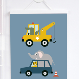 Poster | Dieren onderweg | Takelwagen | Jeansblauw