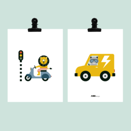 Posterset | Dieren onderweg | Scooter | Wit