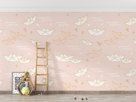 Behang |  Pink | Papieren bootjes