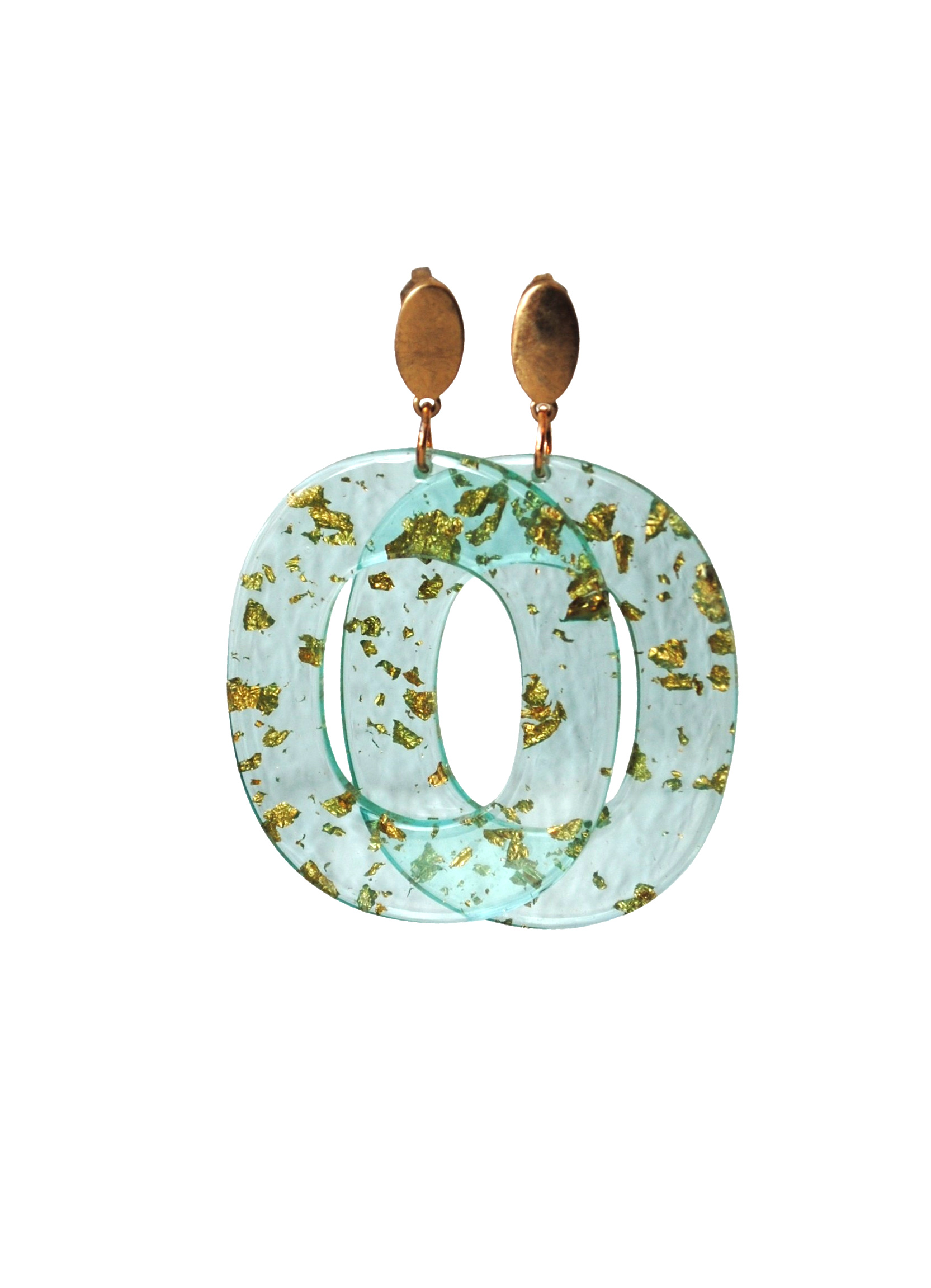 Oorbellen met resin hanger groen/goud transparant