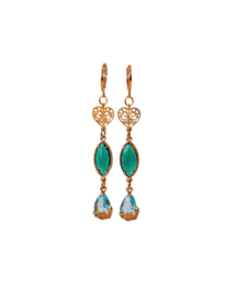 Oorbellen met hartje goldplated en crystals groen/blauw
