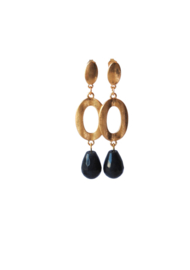 Oorbellen met tussenstuk en oorsteker vintage goldplated en agaat blauw